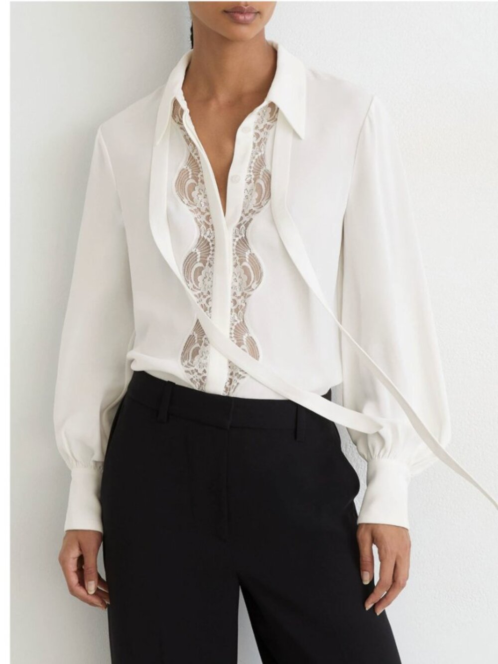 REISS Estelle Blouson Shirt - Ivory Lace-Trim Tie-Neck Classic